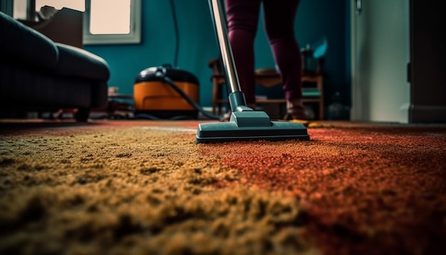 Een vrouw maakt de woonkamer schoon met een door AI gegenereerde stofzuiger