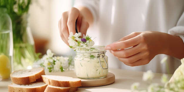 Een vrouw maakt een broodje mayonaise aan een grijze tafel