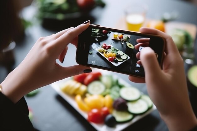 Een vrouw maakt een foto van een verse groentesalade op een smartphone