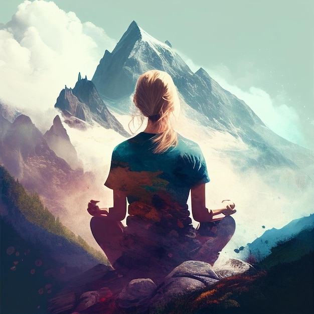 Een vrouw mediteert in de bergen Meditatie Yoga Natuur Landschap Generatieve AI Illustratie