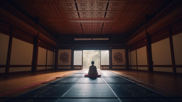 Foto een vrouw mediteert in een kamer met een groot raam waar 'zen' op staat