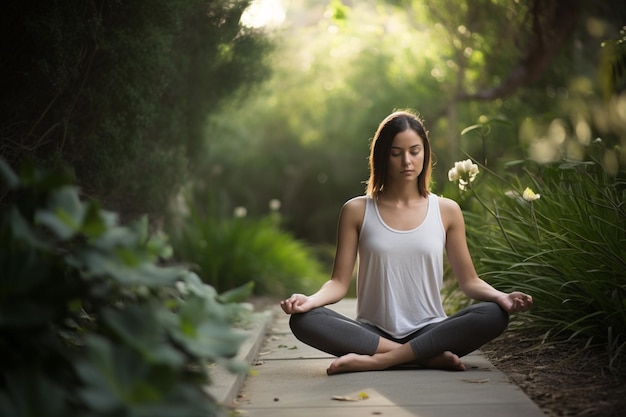 Foto een vrouw mediteert in een tuin