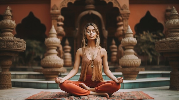 Een vrouw mediteert voor een tempel