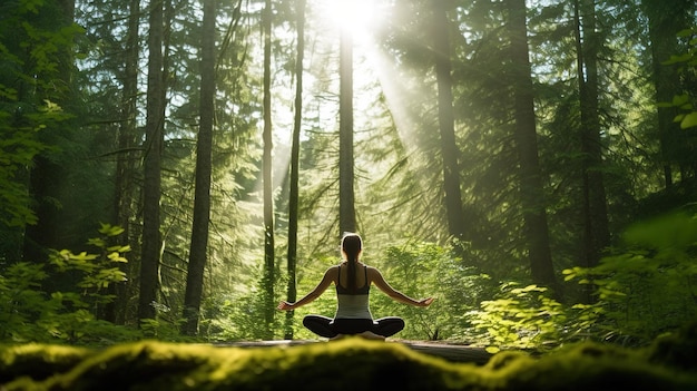 Een vrouw mediterend in een bos met de zon die door de bomen schijnt