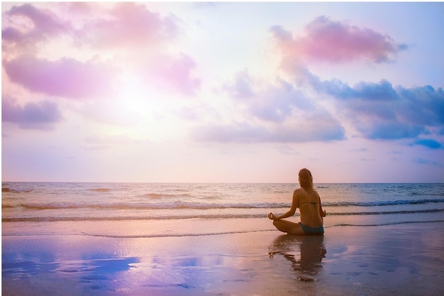 Een vrouw mediterend op een strand met de ondergaande zon achter haar.