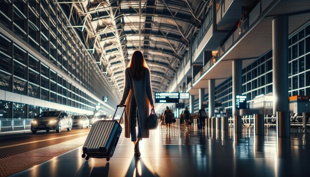 Een vrouw met bagage op de luchthaventerminal