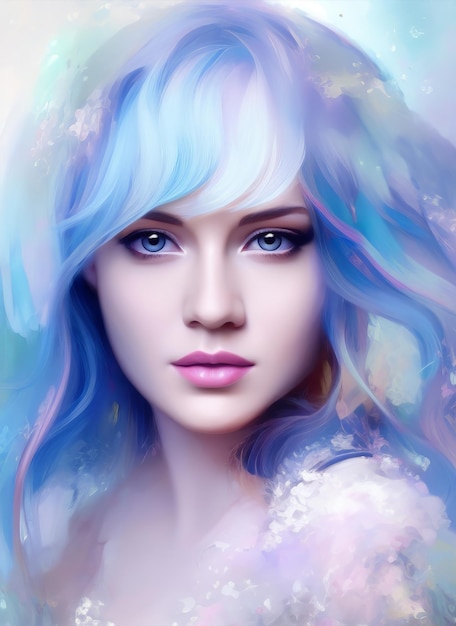 Een vrouw met blauw haar en blauwe ogen