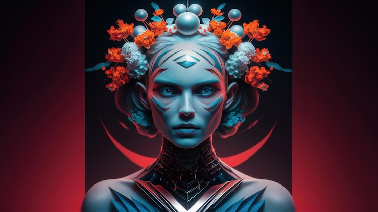 Foto een vrouw met blauw haar en bloemen op haar hoofd ai