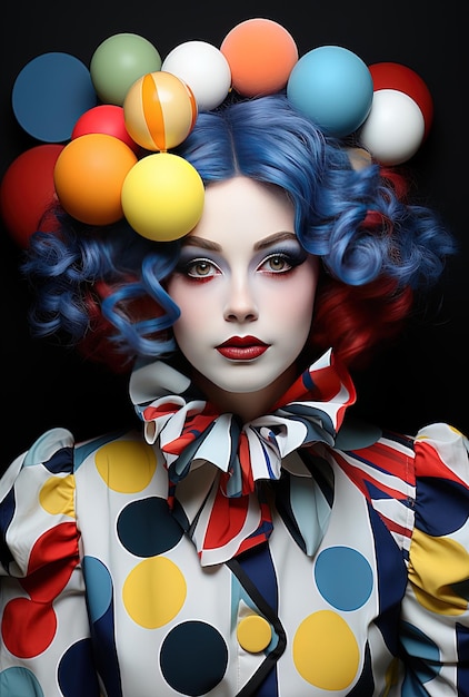 een vrouw met blauw haar en een clown haar met een kleurrijke hoed erop