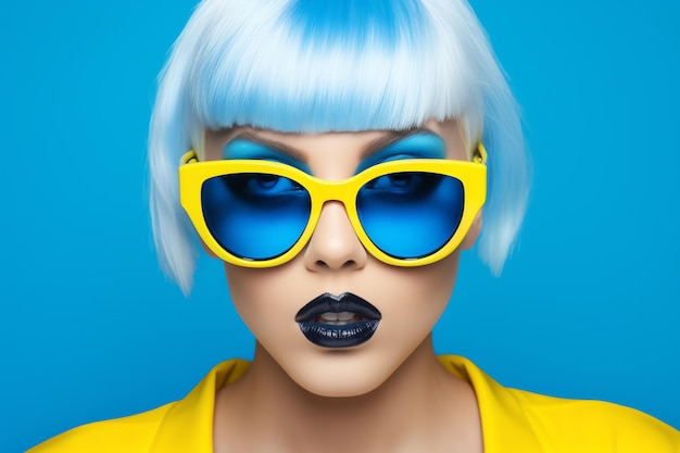 Een vrouw met blauw haar en een gele zonnebril