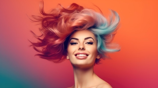 Een vrouw met blauw haar en een roze kapsel