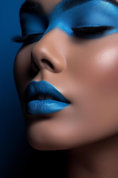 Een vrouw met blauwe lippenstift en blauwe lippenstift