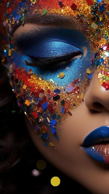 een vrouw met blauwe make-up en gouden glitters