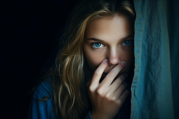 een vrouw met blauwe ogen die achter een gordijn uitkijkt