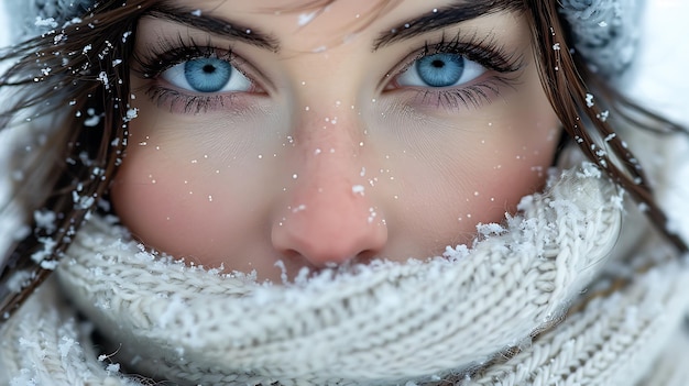 een vrouw met blauwe ogen die een sjaal draagt met sneeuw op het gezicht
