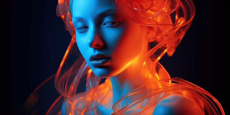 een vrouw met blauwe ogen en blauwe jurk in de stijl van lichtgevende generatieve AI
