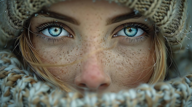 Foto een vrouw met blauwe ogen en een blauw oog die door een grungy frame kijkt