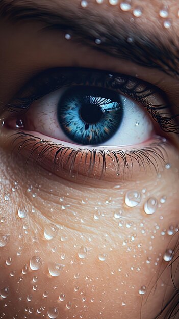 een vrouw met blauwe ogen en een blauw oog met waterdruppels