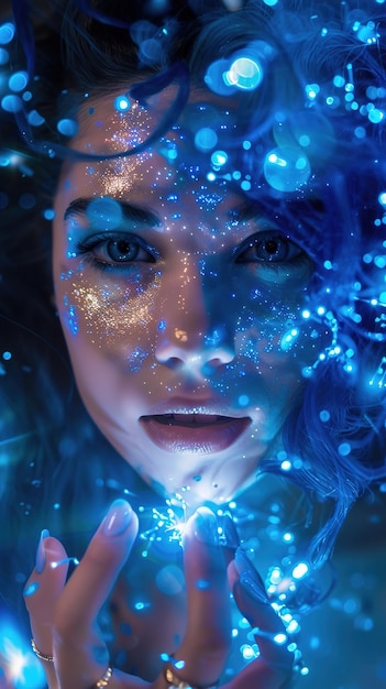 een vrouw met blauwe ogen en een blauwe glitter op haar gezicht