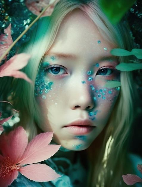 Een vrouw met blauwe ogen en een bloem op haar gezicht