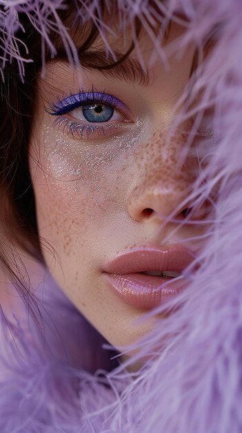 een vrouw met blauwe ogen en een paarse bloem op haar gezicht