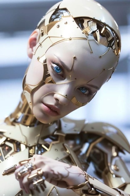 Een vrouw met blauwe ogen en een robotgezicht.