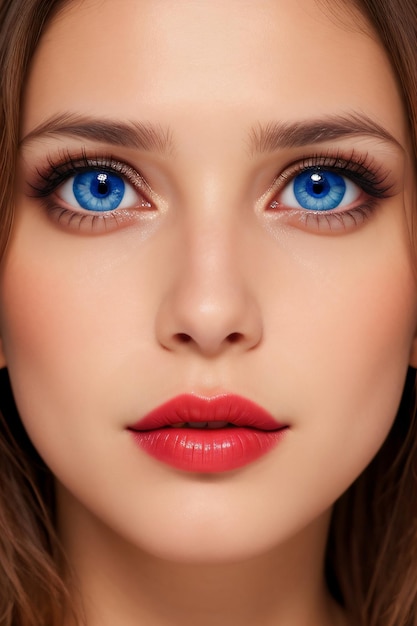 een vrouw met blauwe ogen en een rode lip poseert voor een foto met haar ogen dicht en haar ogen dicht