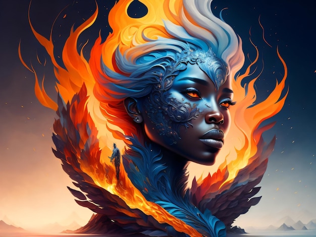 Een vrouw met blauwe ogen en een vuur op haar gezicht
