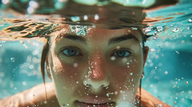 een vrouw met blauwe ogen en een wit gezicht onder water