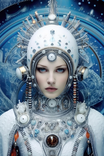 Een vrouw met blauwe ogen en een zilveren helm