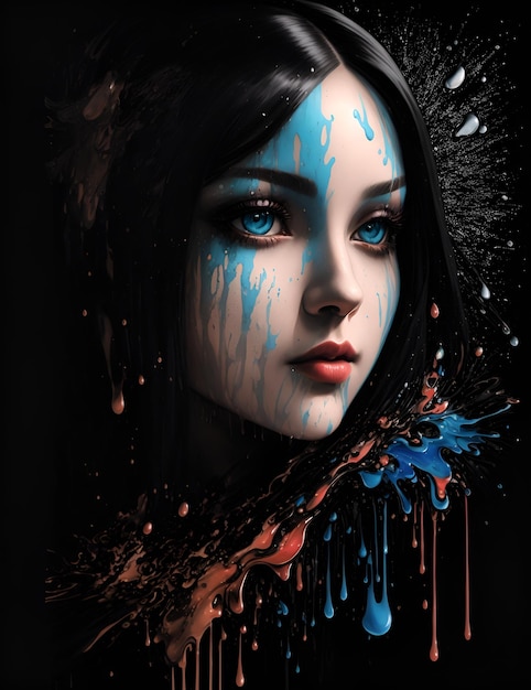 Een vrouw met blauwe ogen en een zwarte achtergrond met rode en blauwe verf.