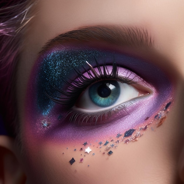 Een vrouw met blauwe ogen en paarse en blauwe make-up met glitters op haar oog.