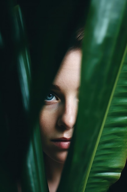 Een vrouw met blauwe ogen kijkt vanachter een blad naar buiten.