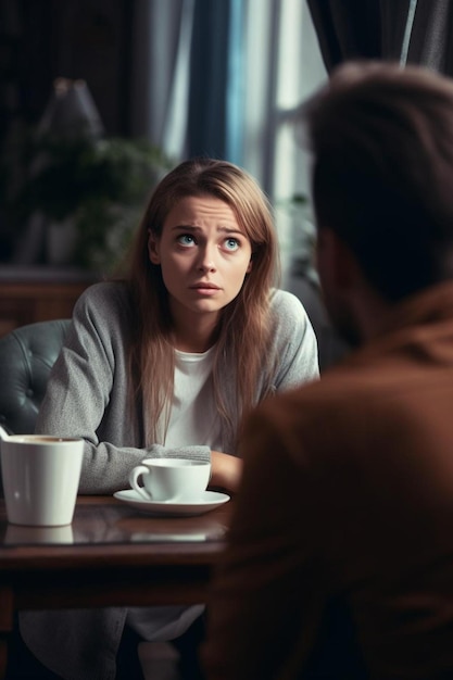 een vrouw met blauwe ogen zit aan een tafel met een kop koffie