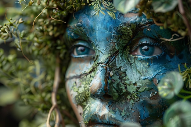 Foto een vrouw met blauwe verf en groene bladeren op haar gezicht