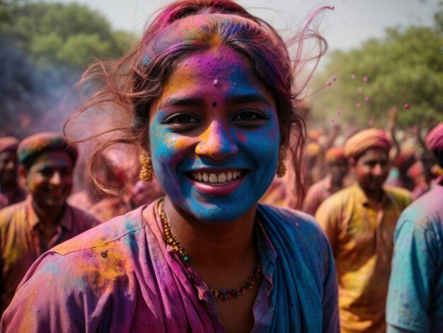 een vrouw met blauwe verf op haar gezicht en een menigte mensen