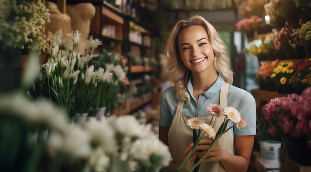 Een vrouw met bloemen in een bloemenwinkel