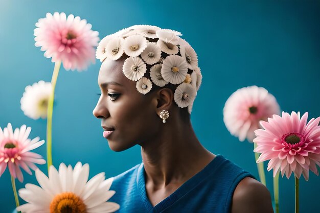 een vrouw met bloemen in haar haar en een blauwe achtergrond