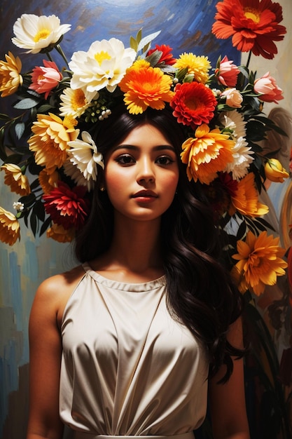 Een vrouw met bloemen in het haar staat voor een schilderij van een vrouw met bloemen