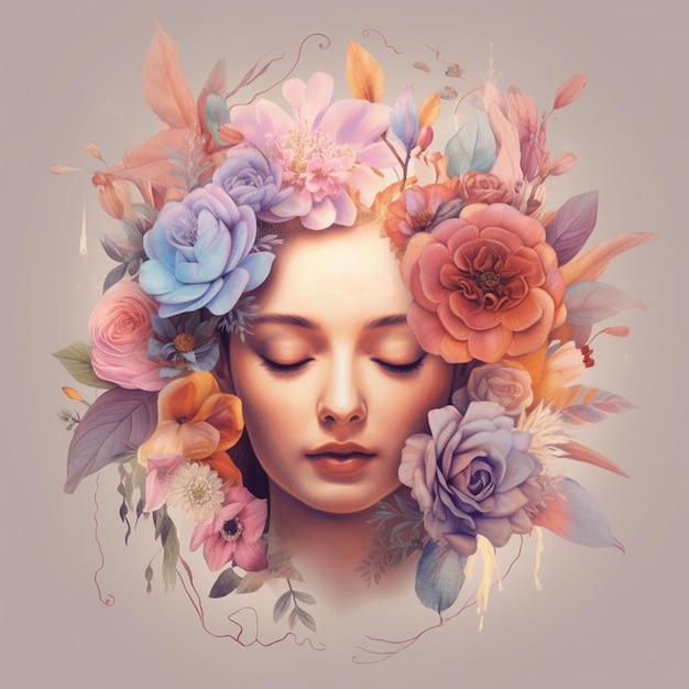 Een vrouw met bloemen op haar gezicht wordt getoond met gesloten ogen.