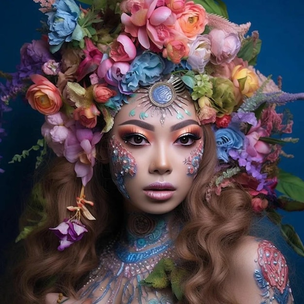 Een vrouw met bloemen op haar hoofd en een hoofdband