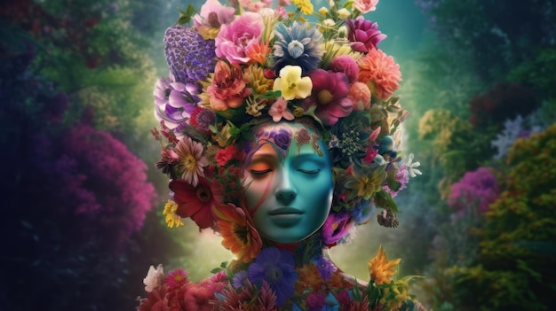 Een vrouw met bloemen op haar hoofd en een kleurrijk hoofd.