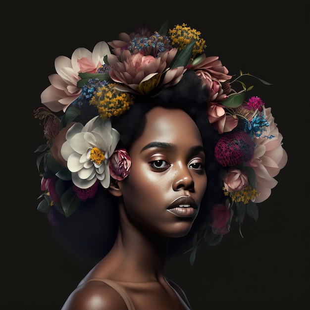 Een vrouw met bloemen op haar hoofd