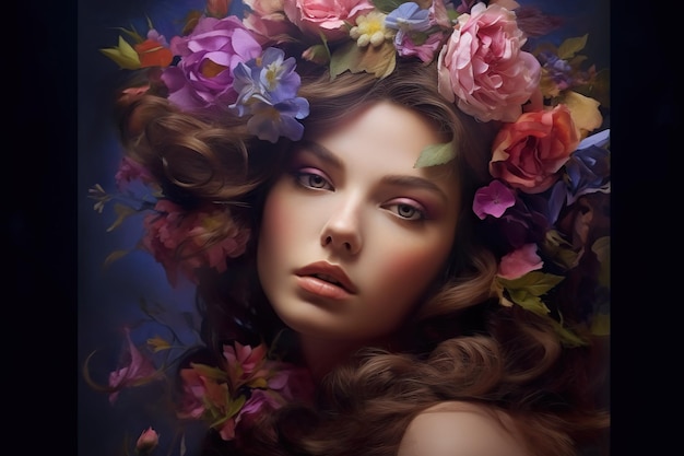 Een vrouw met bloemen op haar hoofdrealistisch portret van hoge kwaliteit GEMAAKT MET AI