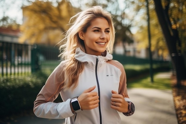 een vrouw met blond haar die een jasje draagt met een horloge aan de voorkant