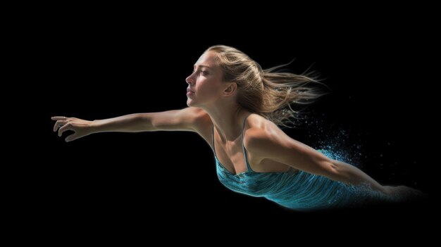 een vrouw met blond haar die in het water springt terwijl haar haar in de wind wappert.