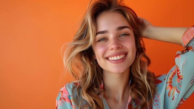 een vrouw met blond haar en een blauw shirt glimlacht met een glimlach op haar gezicht