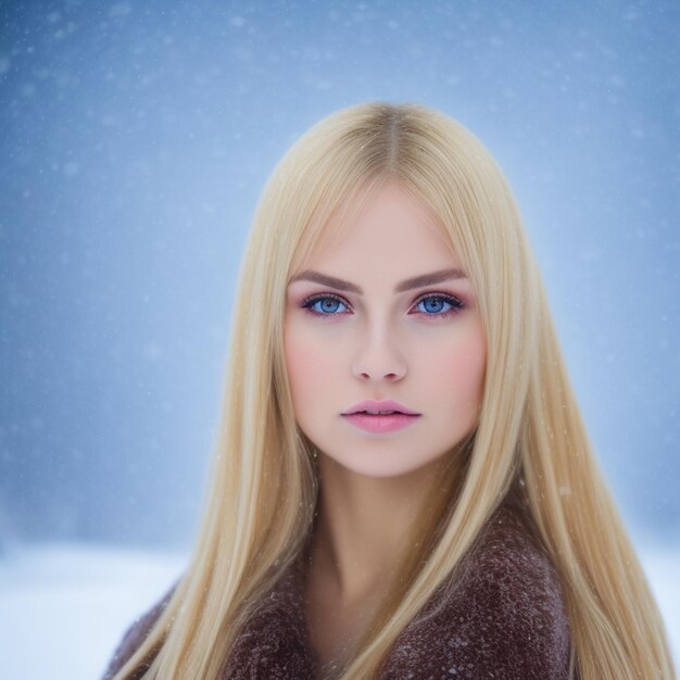 Een vrouw met blond haar en een bruine jas staat in de sneeuw.