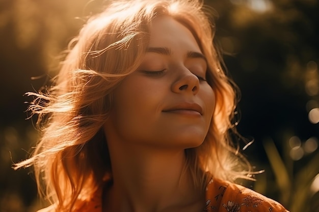 Een vrouw met blond haar en een gele jurk lacht en de zon schijnt op haar gezicht.
