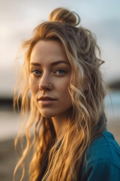 Een vrouw met blond haar en een neusring staat voor een zonsondergang.